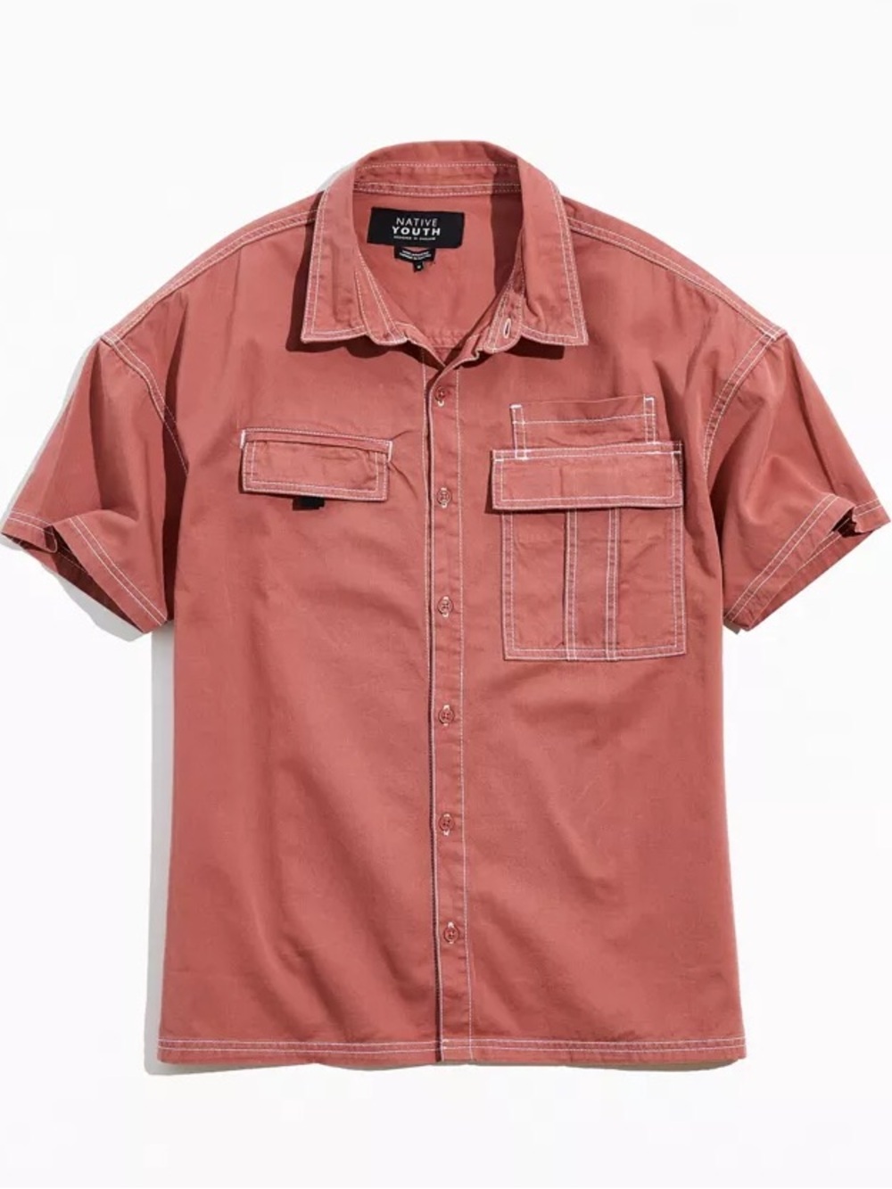NATIVE YOUTH Washed Cotton Button-Down Short Sleeve Utility Shirt
